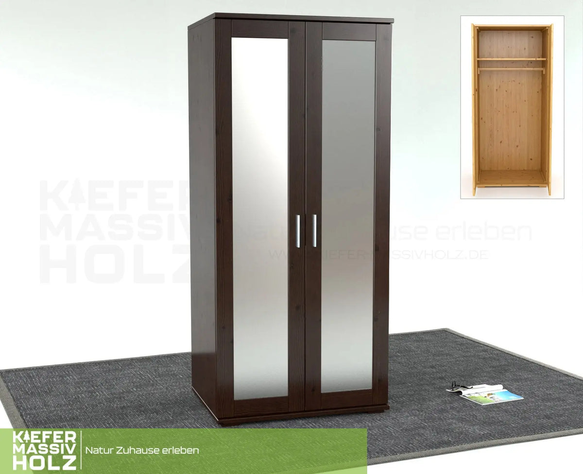 Nobis Spiegeltürenschrank | Kleiderschrank | mit Kleiderstange | 100% Bio Kiefer Massivholz Kiefer Massivholz