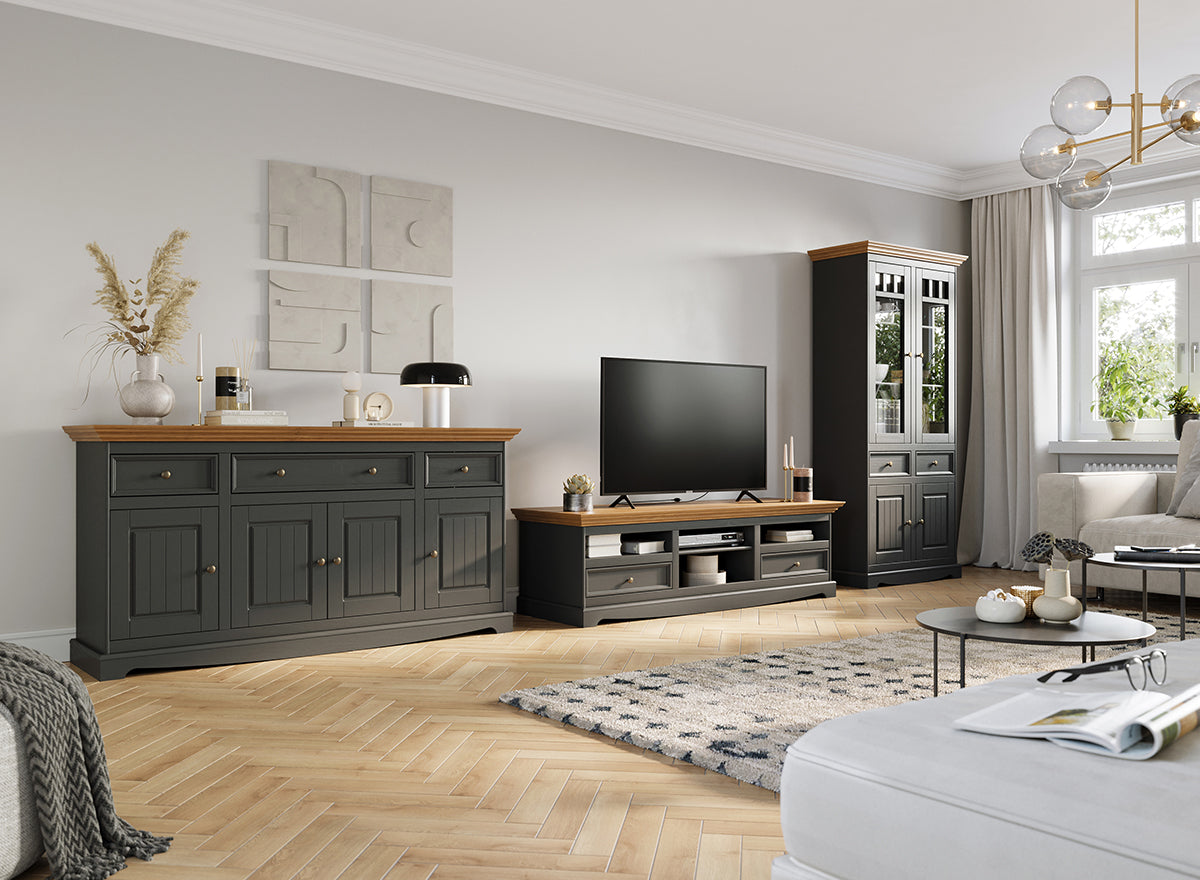 Bologna Elegante Massivholz Kiefer große TV-Schrank Kommode | Farbe Graphit - Eiche Kiefer Massivholz