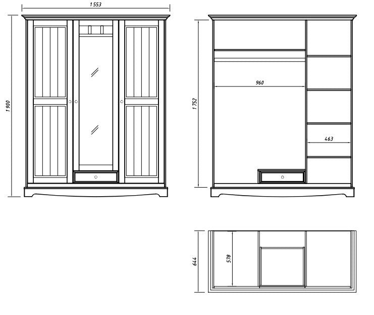 Bologna Elegante Massivholz Kiefer Kleiderschrank Spiegelschrank 3D | Farbe weiß Kiefer Massivholz