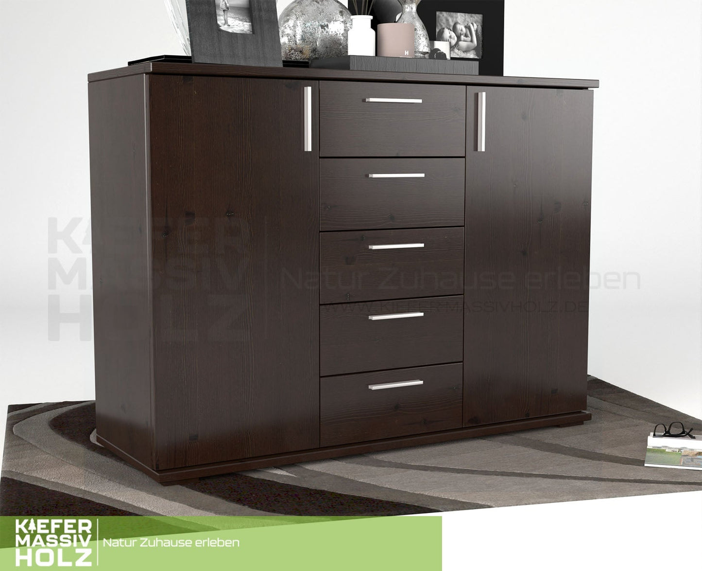 Nobis Kommode Sideboard 120-er | Anrichte | 5-Schubladen | 2-Türig | 100% Bio Kiefer Massivholz Kiefer Massivholz
