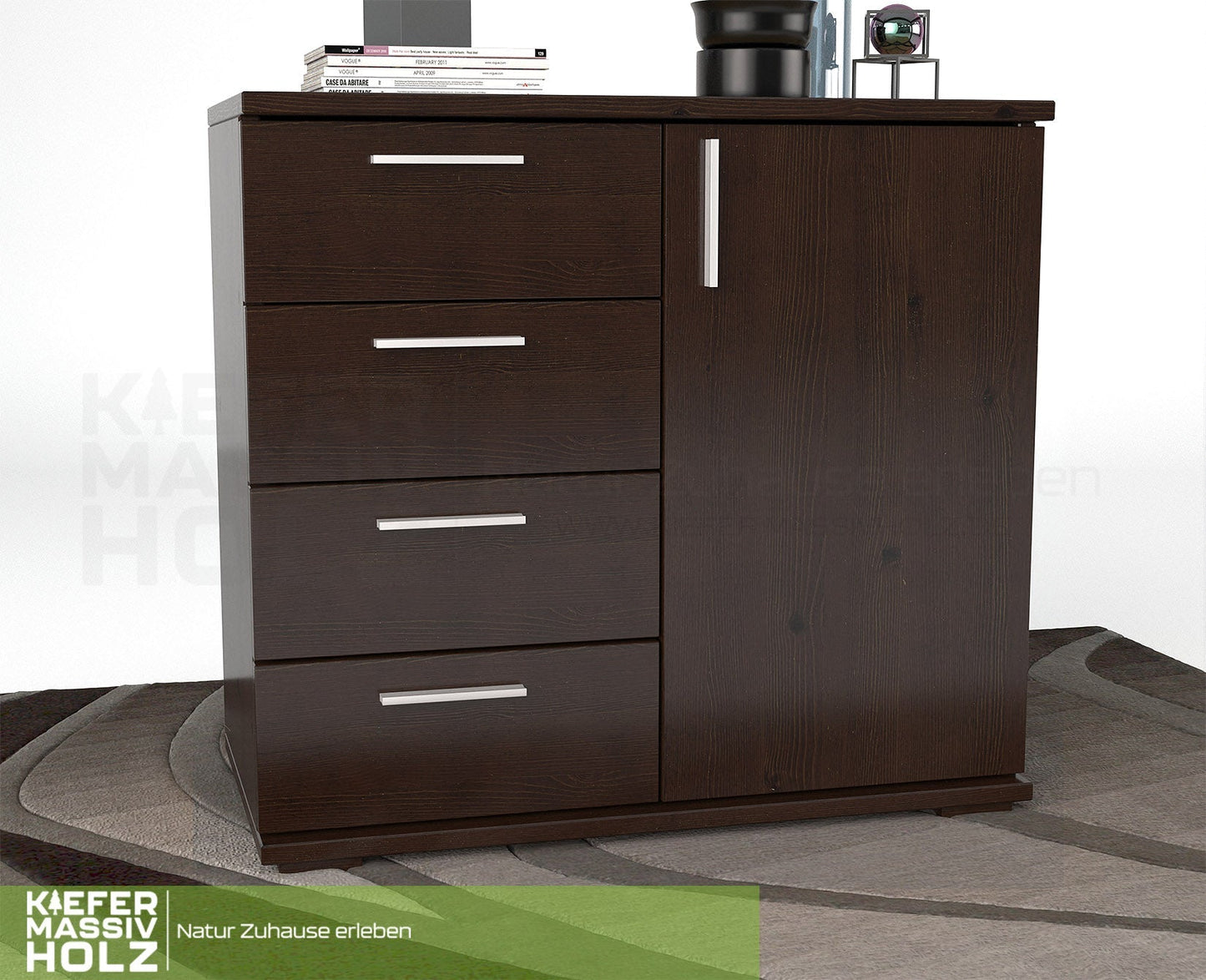 Nobis Kommode Sideboard | Anrichte | 4 kleine Schubladen 1 Türig | 100% Bio Kiefer Massivholz Kiefer Massivholz