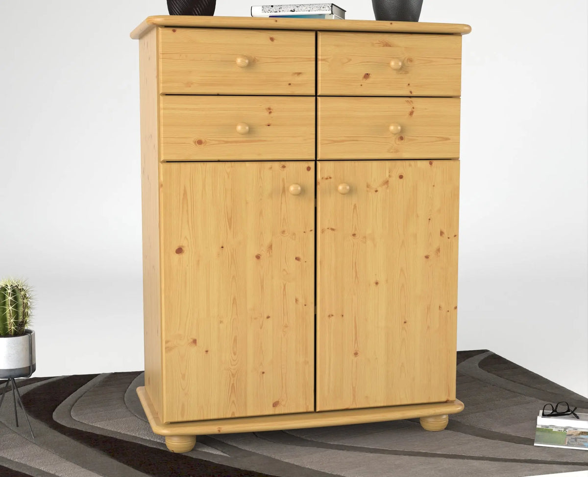 Anika Kommode Sideboard | Anrichte | 2-Türig | 4 Schubladen | 100% Bio Kiefer Massivholz Kiefer Massivholz