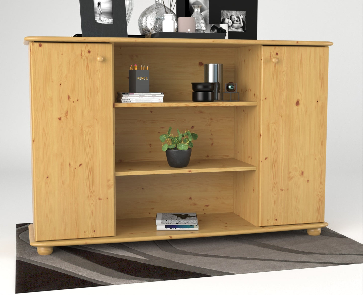 Anika Kommode | Sideboard | Anrichte | 2-Türig | Mitte offene Regale | 100% Bio Kiefer Massivholz Kiefer Massivholz