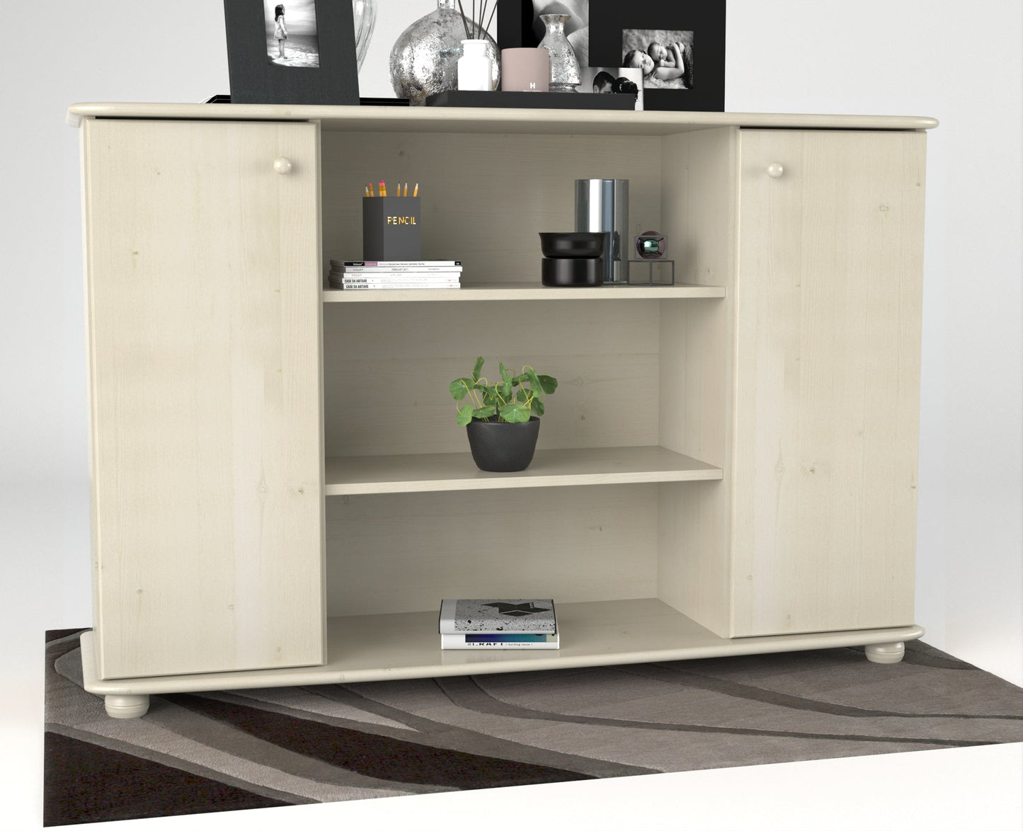 Anika Kommode | Sideboard | Anrichte | 2-Türig | Mitte offene Regale | 100% Bio Kiefer Massivholz Kiefer Massivholz