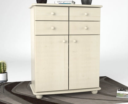 Anika Kommode Sideboard | Anrichte | 2-Türig | 4 Schubladen | 100% Bio Kiefer Massivholz Kiefer Massivholz