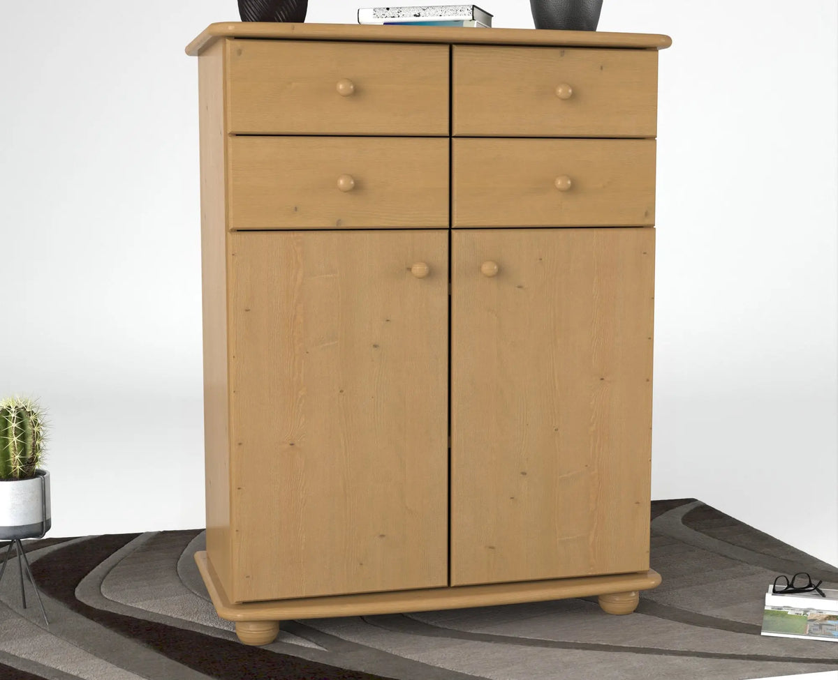 Anika Kommode Sideboard | Anrichte | 2-Türig | 4 Schubladen | 100% Bio Kiefer Massivholz Kiefer Massivholz