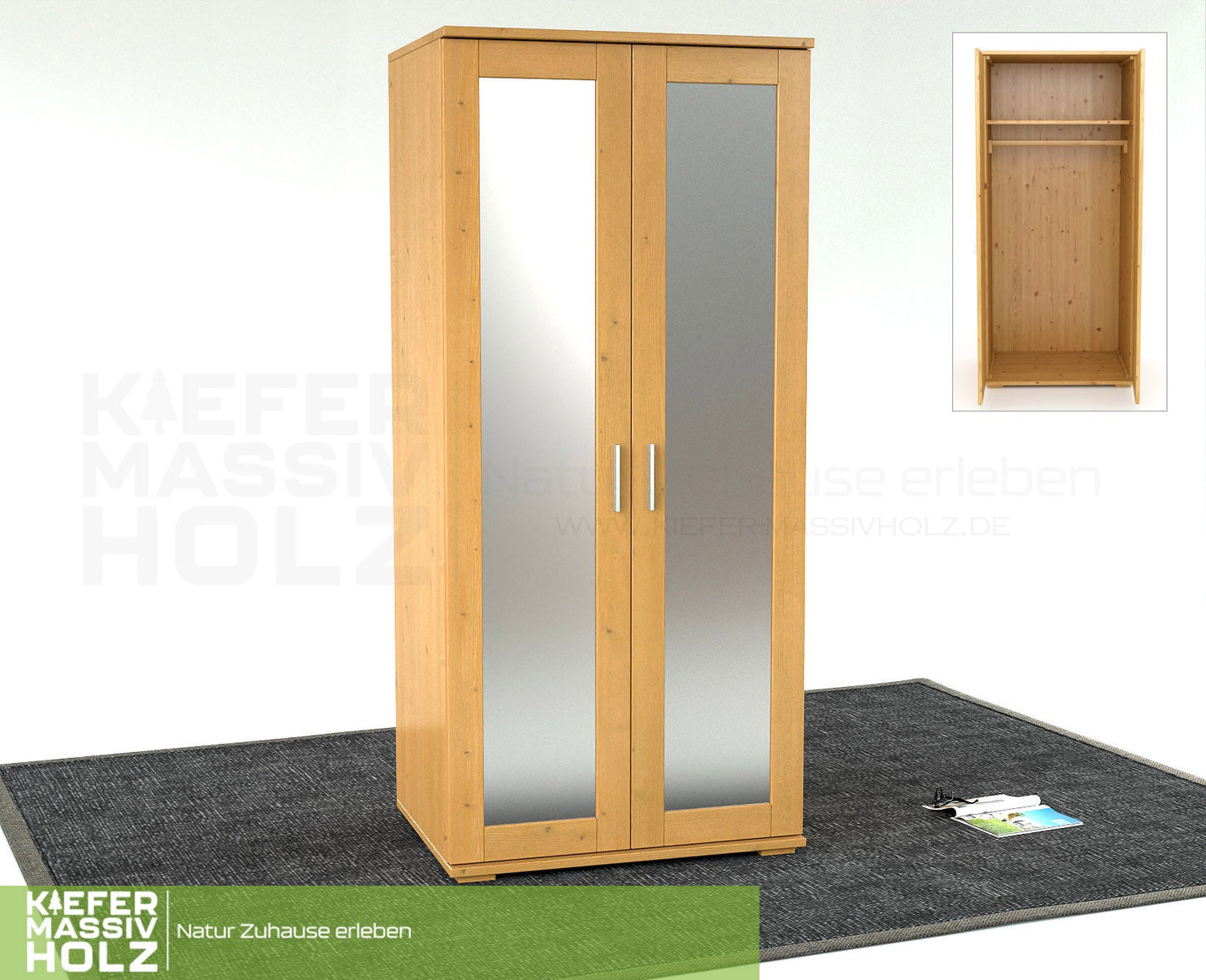 Nobis Spiegeltürenschrank | Kleiderschrank | mit Kleiderstange | 100% Bio Kiefer Massivholz