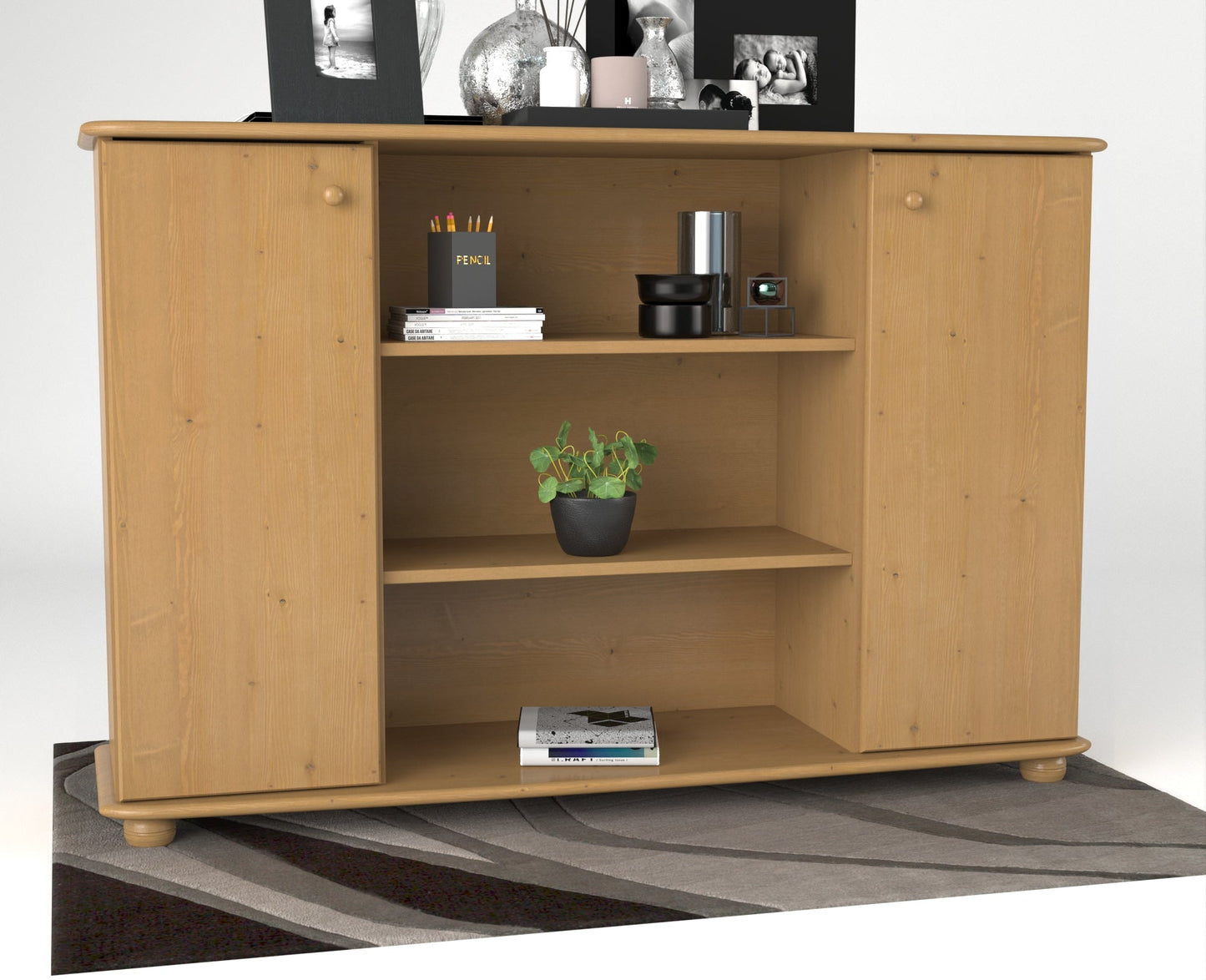Anika Kommode | Sideboard | Anrichte | 2-Türig | Mitte offene Regale | 100% Bio Kiefer Massivholz Kiefer Massivholz