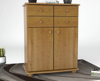 Anika Kommode Sideboard | Anrichte | 2-Türig | 4 Schubladen | 100% Bio Kiefer Massivholz Kiefer Massivholz