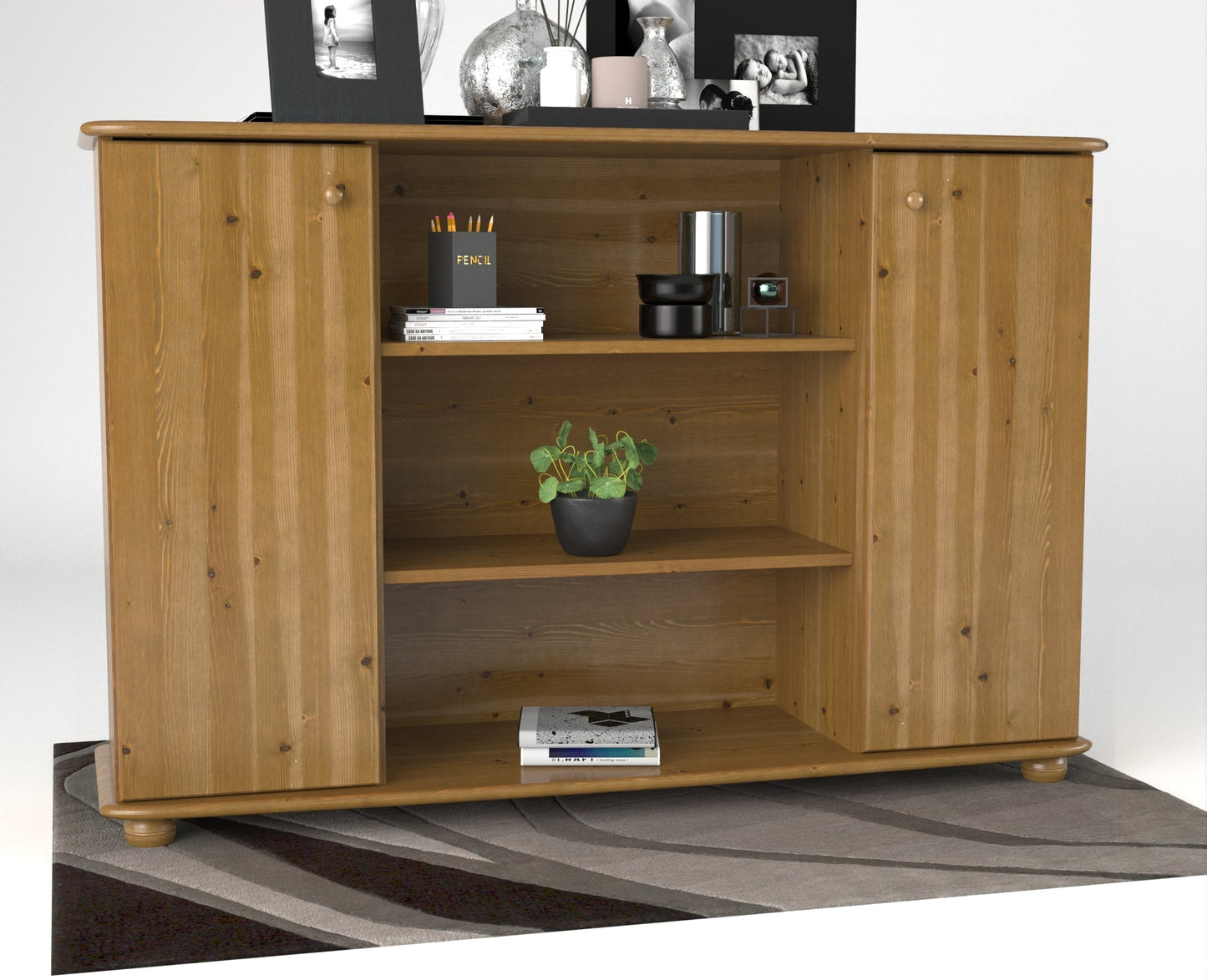 Anika Kommode | Sideboard | Anrichte | 2-Türig | Mitte offene Regale | 100% Bio Kiefer Massivholz Kiefer Massivholz