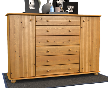 Anika Kommode XL Sideboard | Anrichte | 2-Türig | 6-Schubladen | 100% Bio Kiefer Massivholz Kiefer Massivholz
