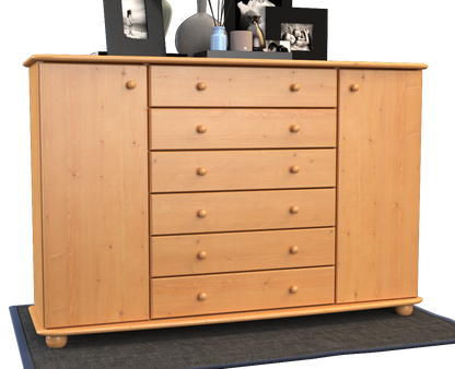Anika Kommode XL Sideboard | Anrichte | 2-Türig | 6-Schubladen | 100% Bio Kiefer Massivholz Kiefer Massivholz