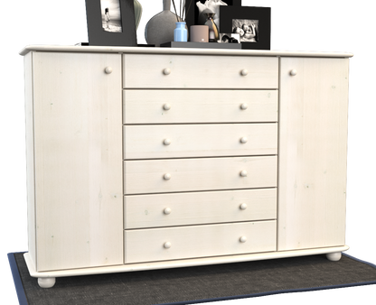 Anika Kommode XL Sideboard | Anrichte | 2-Türig | 6-Schubladen | 100% Bio Kiefer Massivholz Kiefer Massivholz