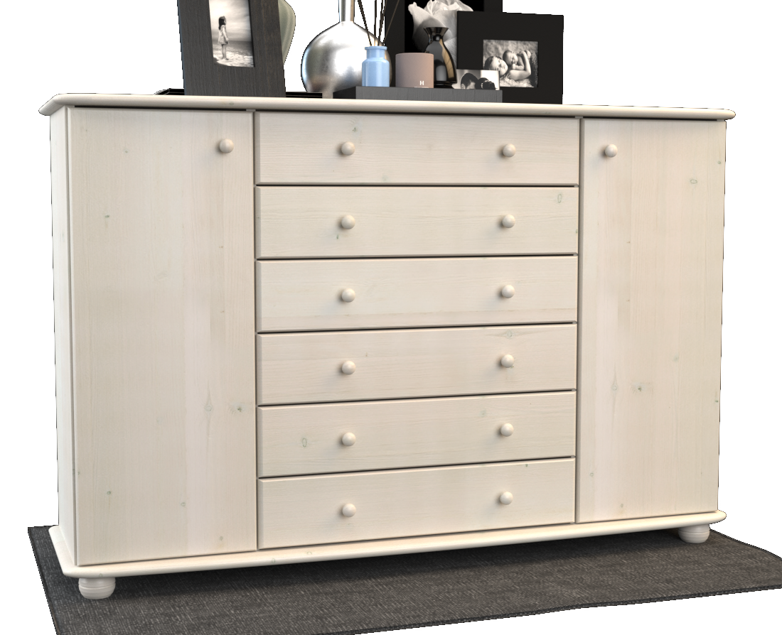Anika Kommode XL Sideboard | Anrichte | 2-Türig | 6-Schubladen | 100% Bio Kiefer Massivholz Kiefer Massivholz
