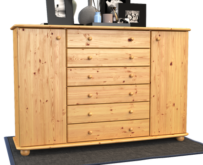 Anika Kommode XL Sideboard | Anrichte | 2-Türig | 6-Schubladen | 100% Bio Kiefer Massivholz Kiefer Massivholz