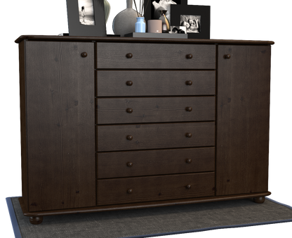 Anika Kommode XL Sideboard | Anrichte | 2-Türig | 6-Schubladen | 100% Bio Kiefer Massivholz Kiefer Massivholz