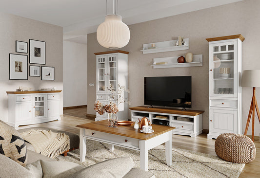 Bologna Elegante Massivholz Kiefer Vitrine 1-Türig | Farbe Weiß - Eiche Kiefer Massivholz