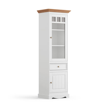 Bologna Elegante Massivholz Kiefer Vitrine 1-Türig | Farbe Weiß - Eiche