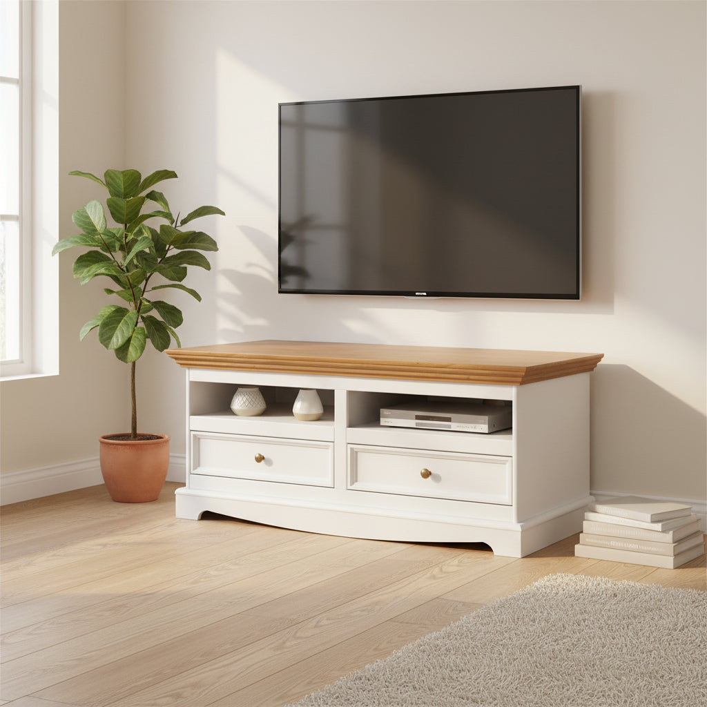 Bologna Elegante Massivholz Kiefer Kommode TV-Schrank | Farbe Weiß - Eiche