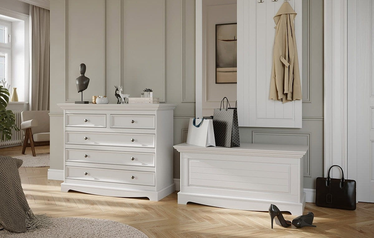 Bologna Elegante Massivholz Kiefer 5 Schubladen Kommode | Farbe weiß Kiefer Massivholz