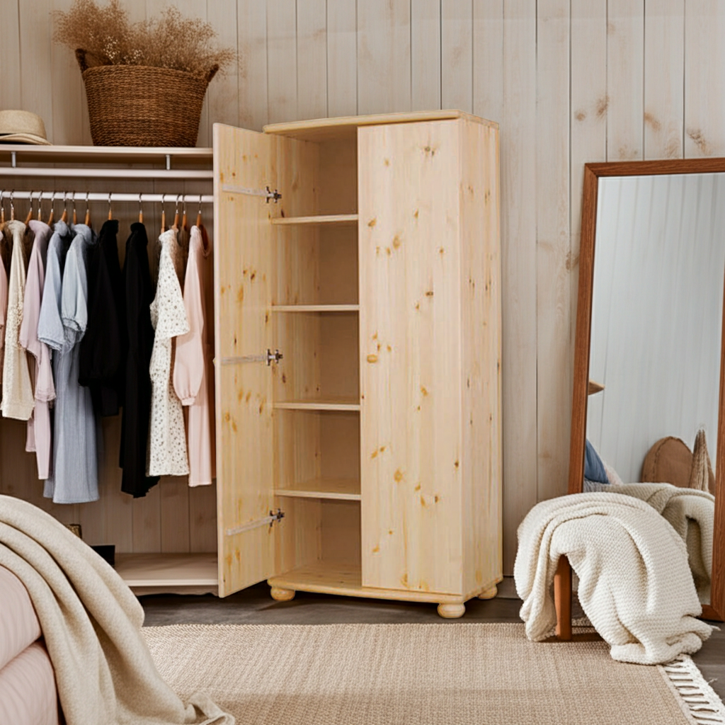 Natura-Kiefer -  Kleiderschrank 2-Türig 100% Bio Kiefer Massivholz Kiefer Massivholz