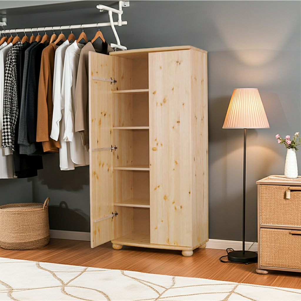 Natura-Kiefer -  Kleiderschrank 2-Türig 100% Bio Kiefer Massivholz Kiefer Massivholz