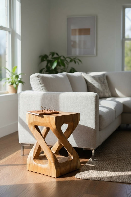 Holz Beistelltisch - Holzhocker Couchtisch - Handgefertigt – Kantig gedreht aus massivem Suarholz - 50x28x28 cm FaHome