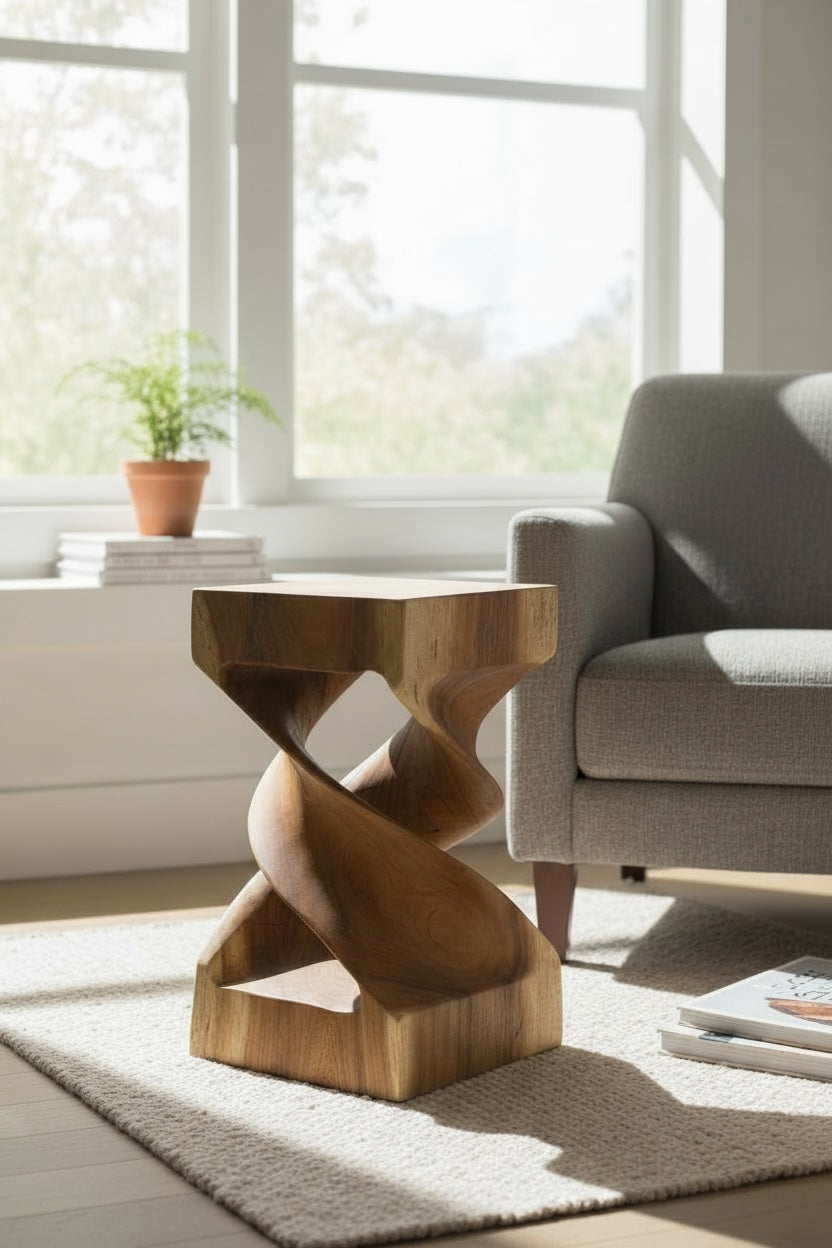 Suar One – Handgefertigter Beistelltisch & Holzhocker aus flambiertem Suarholz