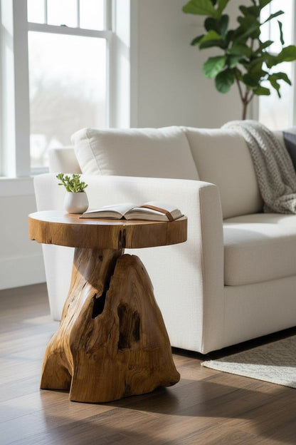 Holzhocker – Beistelltisch Blumenhocker Ablagetisch – Handgefertigt – Natürliche Form aus massivem Teakholz – 45x40x40 cm FaHome