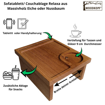 Sofatablett/ Couchablage Relaxa aus Massivholz Eiche oder Nussbaum