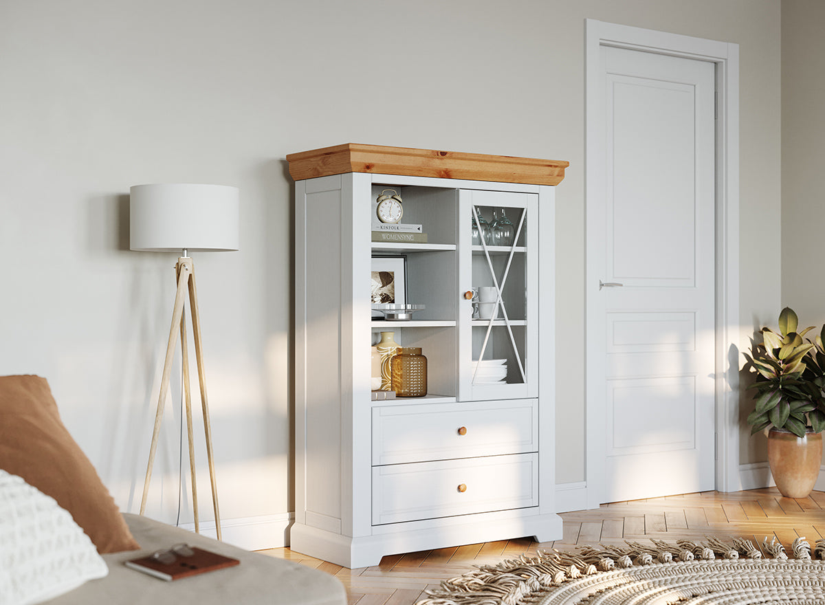 Milano Elite Massivholz Kiefer Vitrine 1.3 | Farbe Weiß/Kiefer Kiefer Massivholz