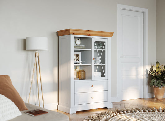 Milano Elite Massivholz Kiefer Vitrine 1.3 | Farbe Weiß/Kiefer Kiefer Massivholz