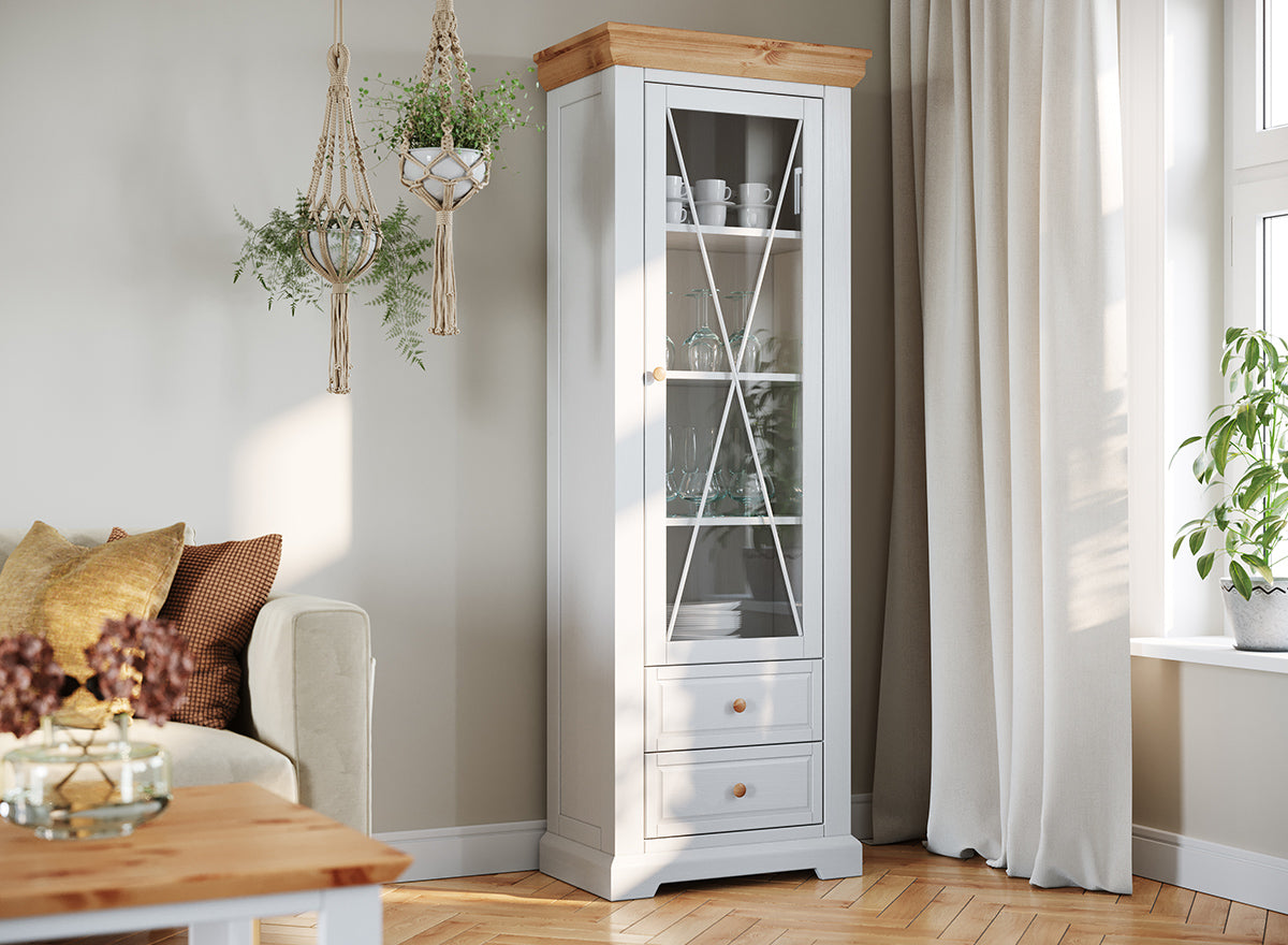 Milano Elite Massivholz Kiefer Schubladen Vitrine 1-Türig | Farbe Weiß/Kiefer
