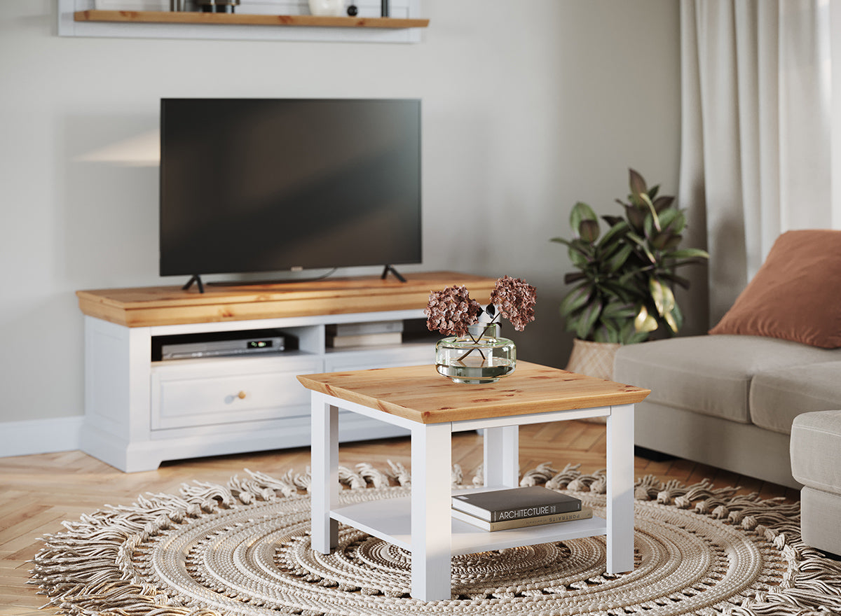Milano Elite Massivholz Kiefer Couchtisch | Farbe Weiß/Kiefer Kiefer Massivholz