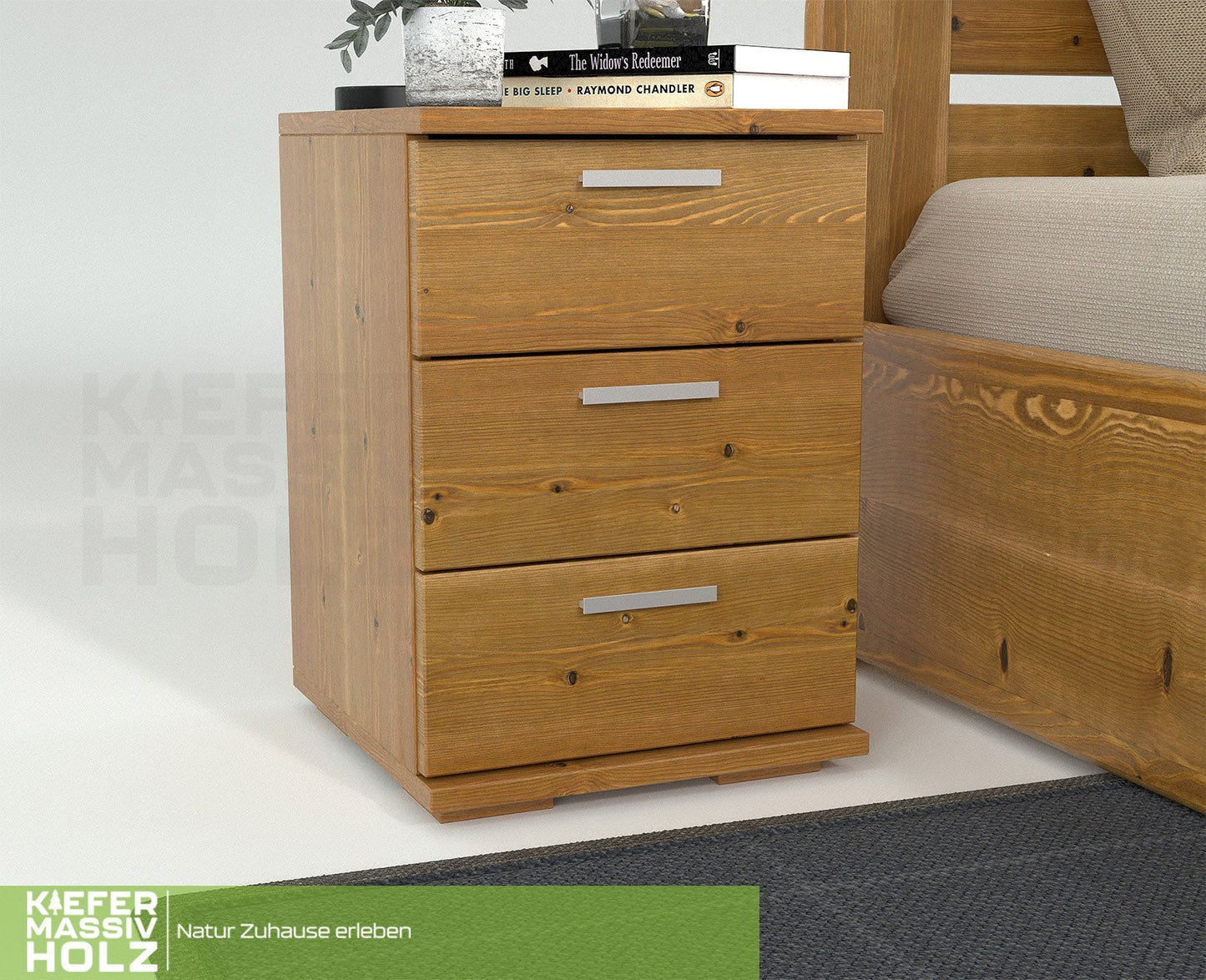 Nobis Kiefer Massivholz Nachttisch Nachtschrank | 3-Schubladen | 100% Bio Kiefer Kiefer Massivholz