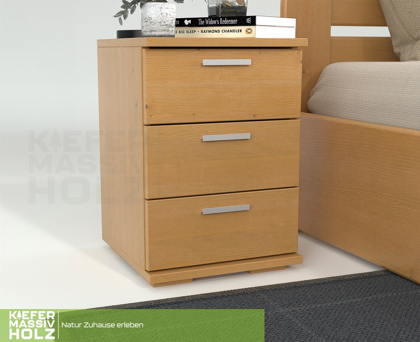 Nobis Kiefer Massivholz Nachttisch Nachtschrank | 3-Schubladen | 100% Bio Kiefer Kiefer Massivholz