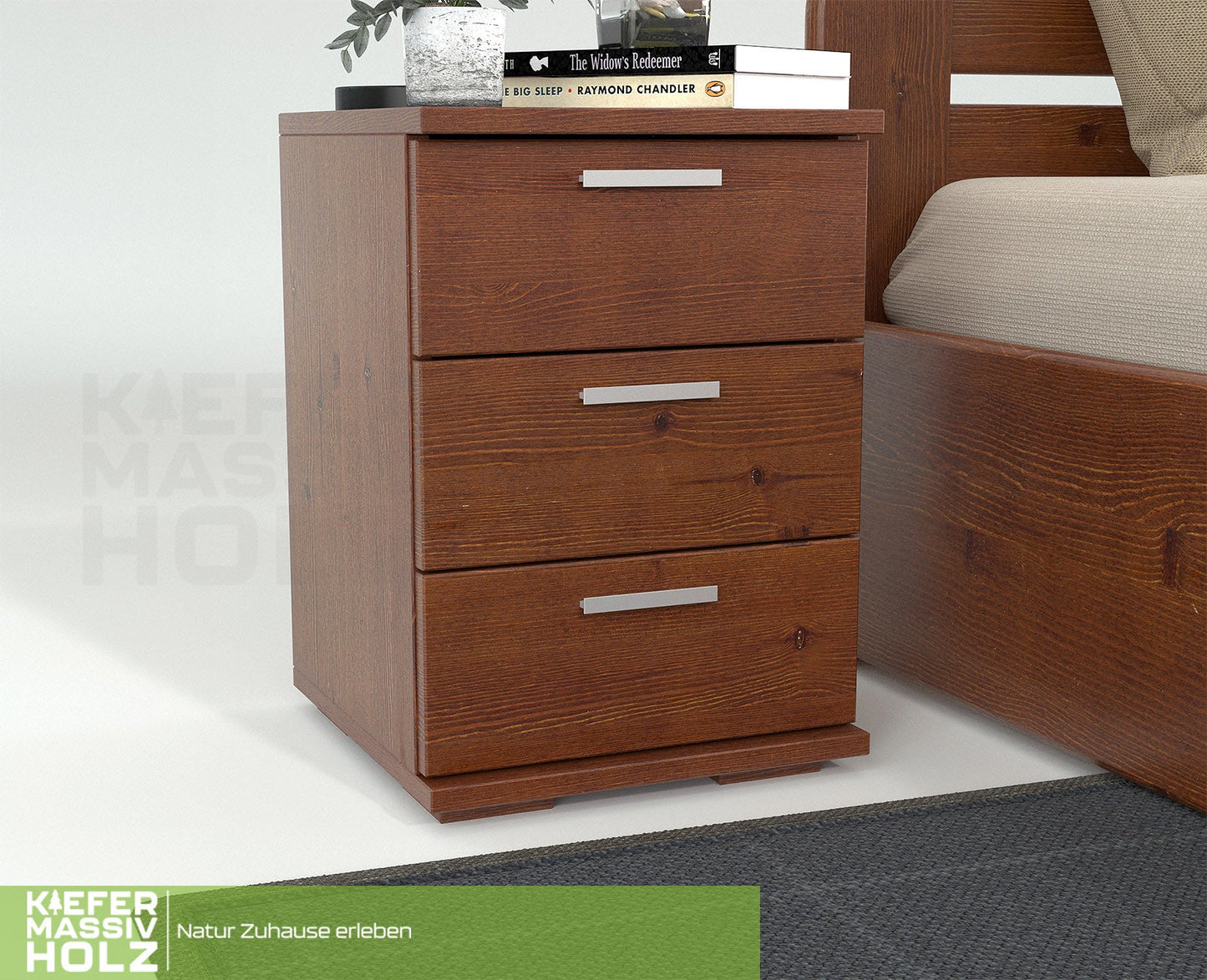 Nobis Kiefer Massivholz Nachttisch Nachtschrank | 3-Schubladen | 100% Bio Kiefer