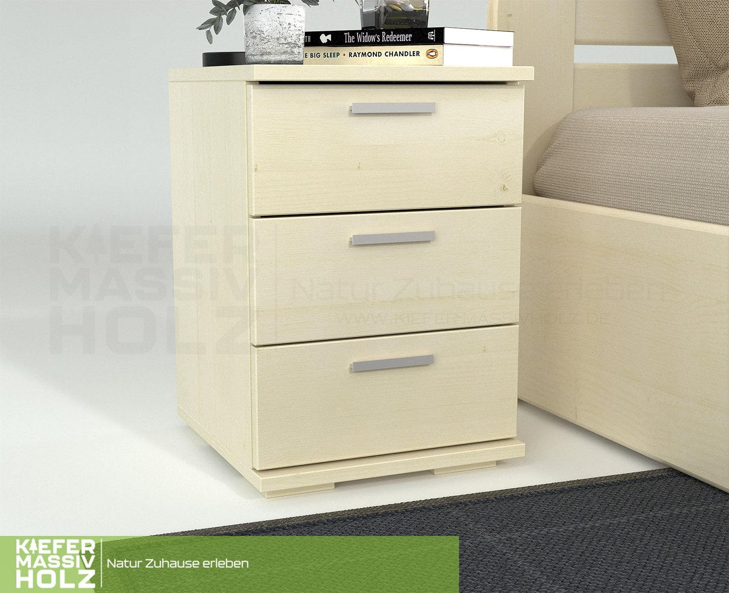 Nobis Kiefer Massivholz Nachttisch Nachtschrank | 3-Schubladen | 100% Bio Kiefer Kiefer Massivholz