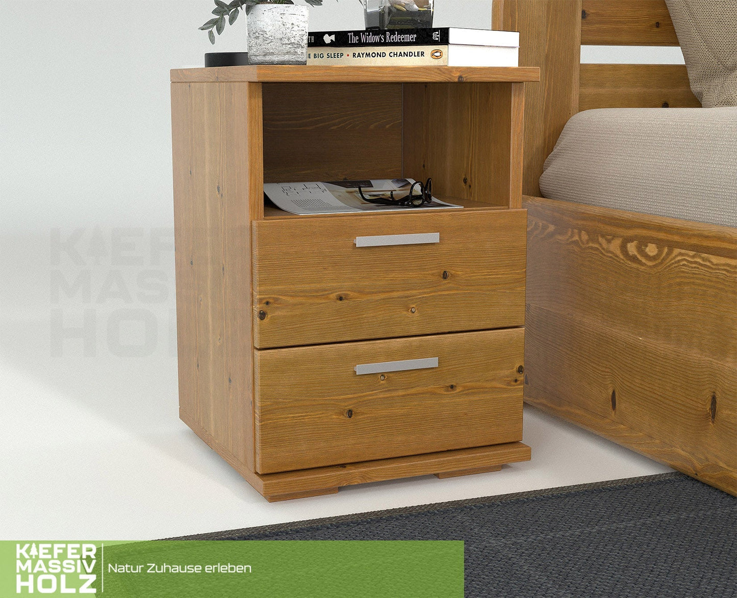 Nobis Kiefer Massivholz Nachttisch Nachtschrank | 2-Schubladen 1-Regal | 100% Bio Kiefer Kiefer Massivholz
