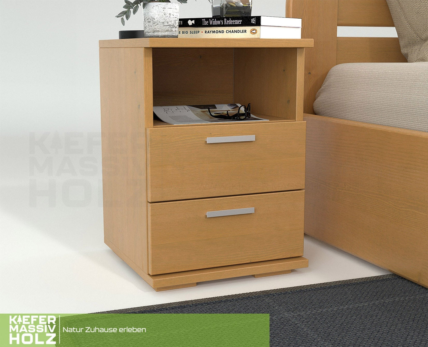 Nobis Kiefer Massivholz Nachttisch Nachtschrank | 2-Schubladen 1-Regal | 100% Bio Kiefer Kiefer Massivholz