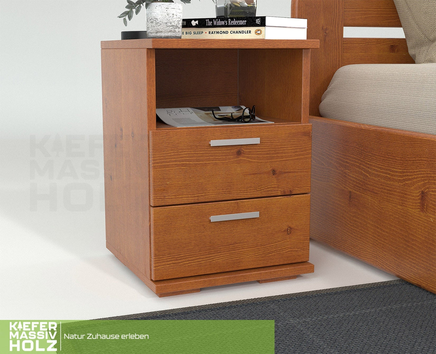Nobis Kiefer Massivholz Nachttisch Nachtschrank | 2-Schubladen 1-Regal | 100% Bio Kiefer Kiefer Massivholz