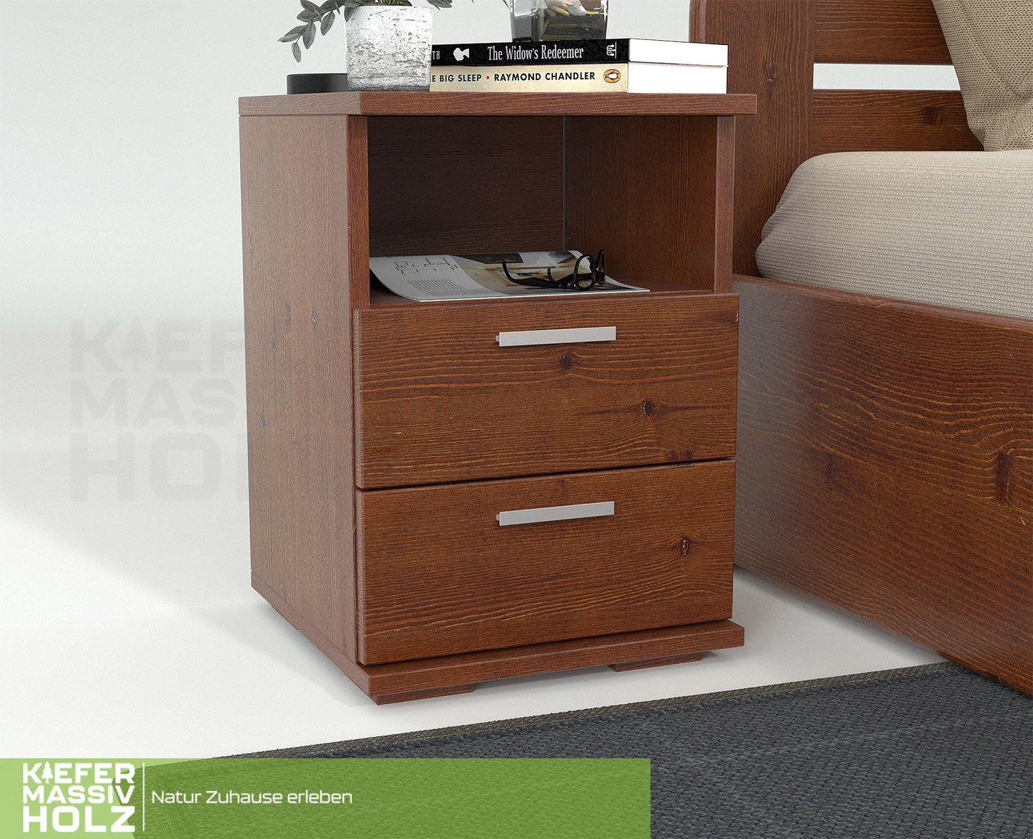 Nobis Kiefer Massivholz Nachttisch Nachtschrank | 2-Schubladen 1-Regal | 100% Bio Kiefer Kiefer Massivholz