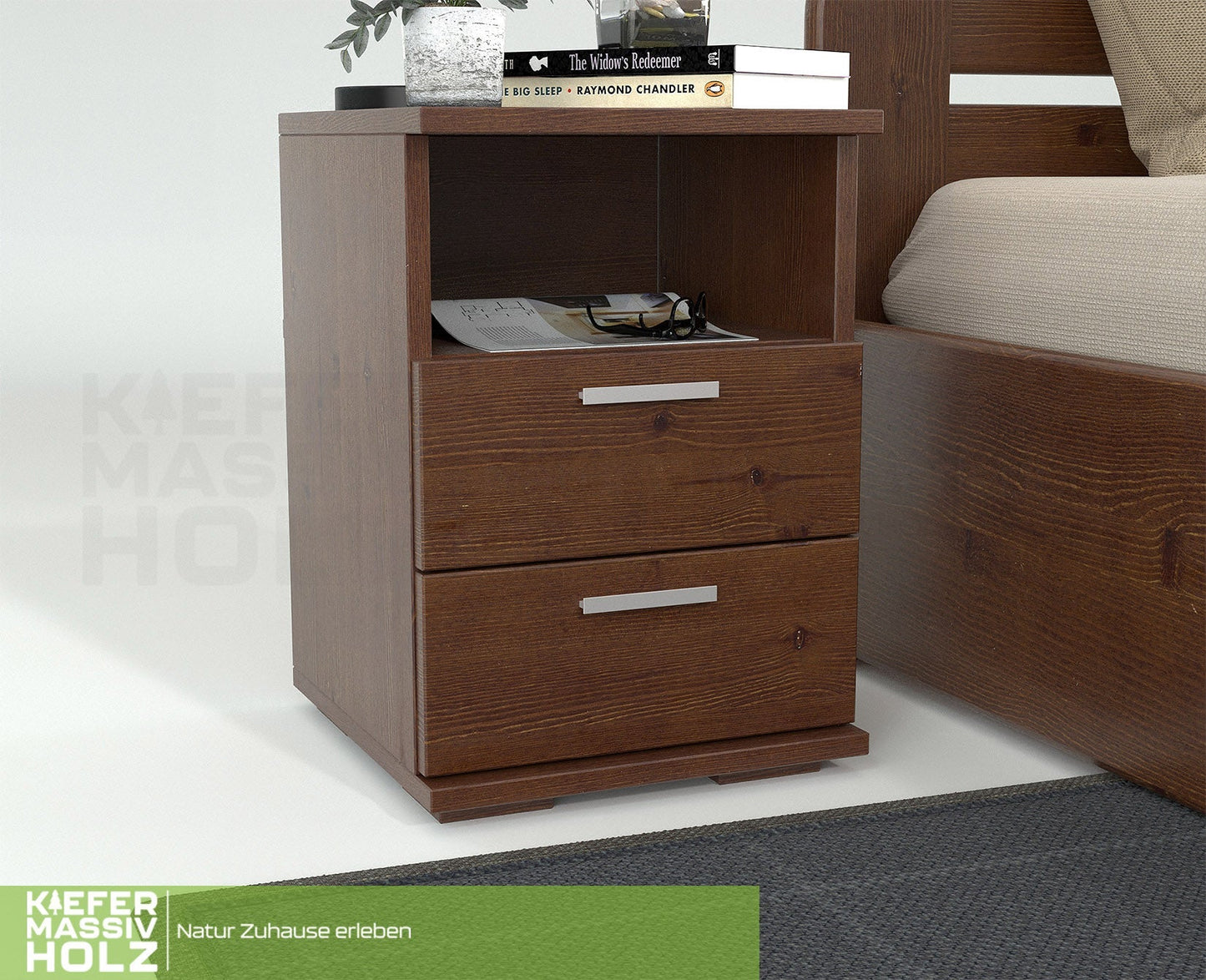 Nobis Kiefer Massivholz Nachttisch Nachtschrank | 2-Schubladen 1-Regal | 100% Bio Kiefer Kiefer Massivholz