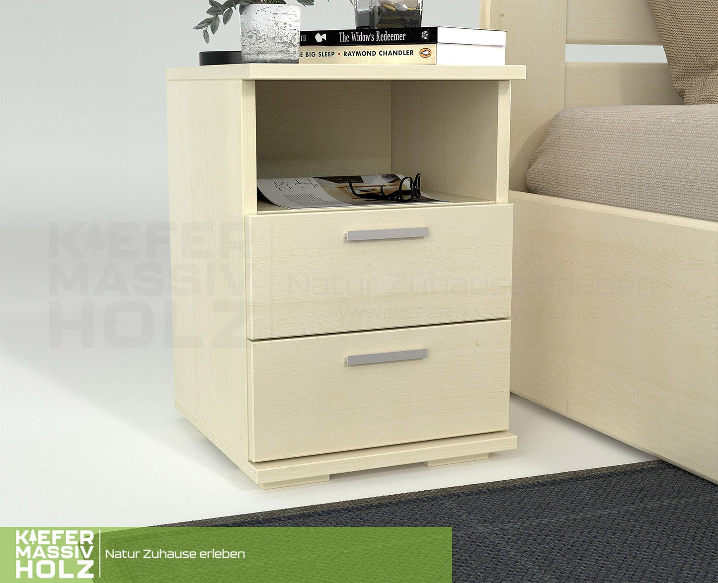 Nobis Kiefer Massivholz Nachttisch Nachtschrank | 2-Schubladen 1-Regal | 100% Bio Kiefer Kiefer Massivholz