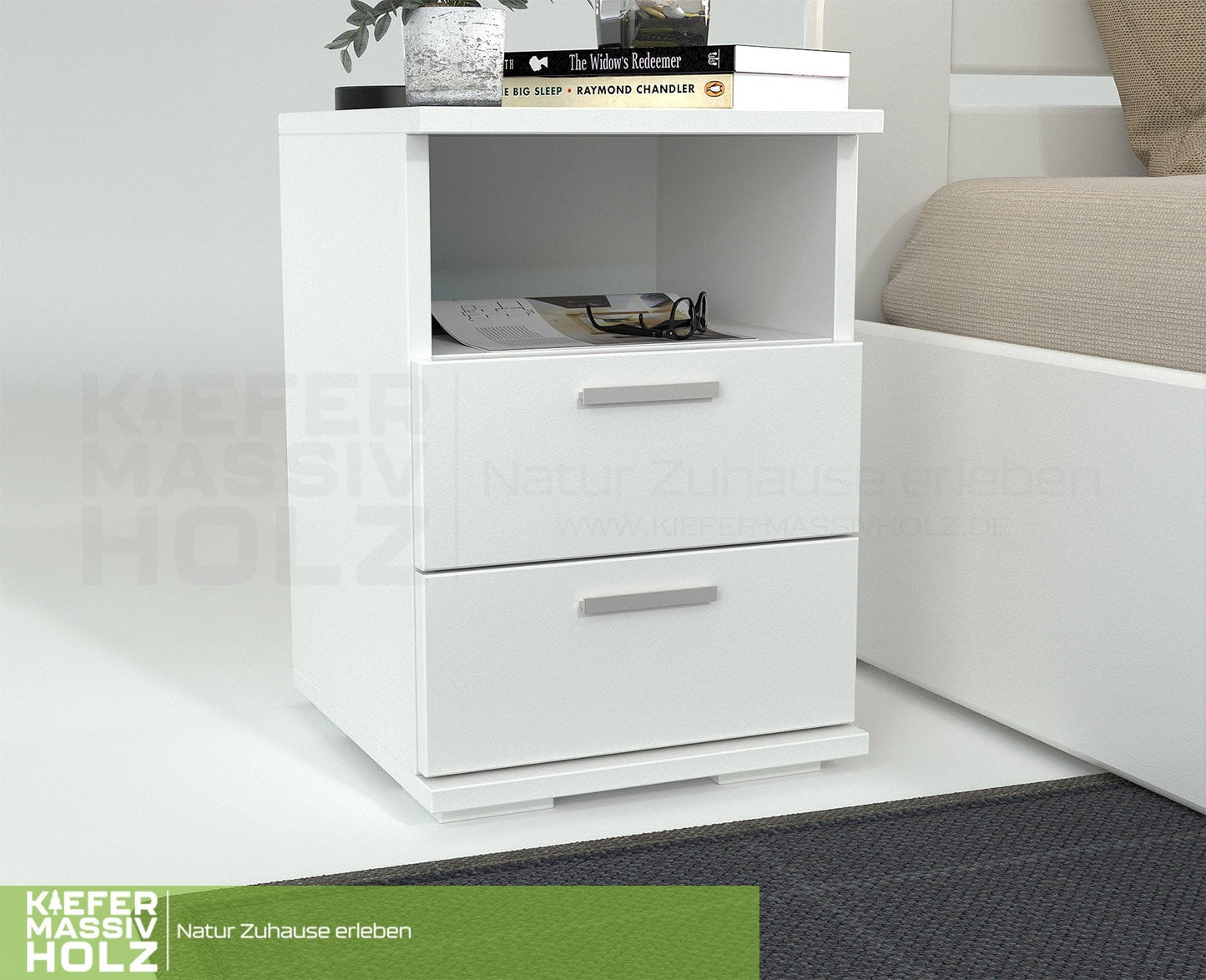 Nobis Kiefer Massivholz Nachttisch Nachtschrank | 2-Schubladen 1-Regal | 100% Bio Kiefer Kiefer Massivholz
