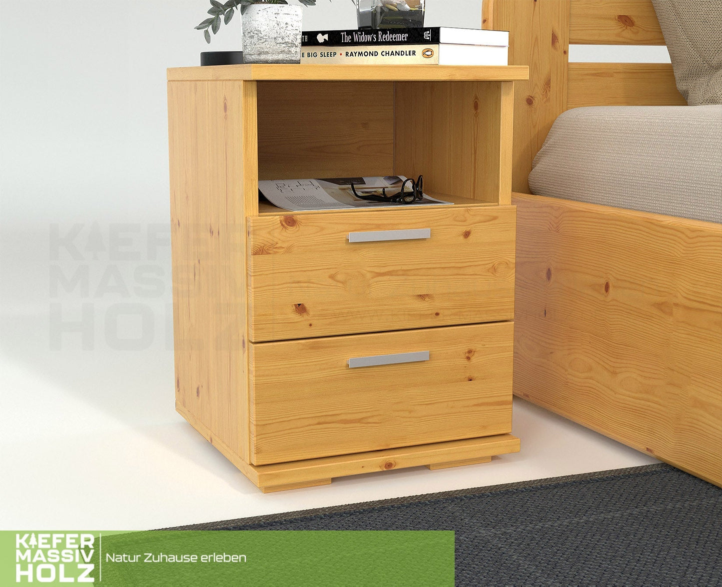 Nobis Kiefer Massivholz Nachttisch Nachtschrank | 2-Schubladen 1-Regal | 100% Bio Kiefer Kiefer Massivholz