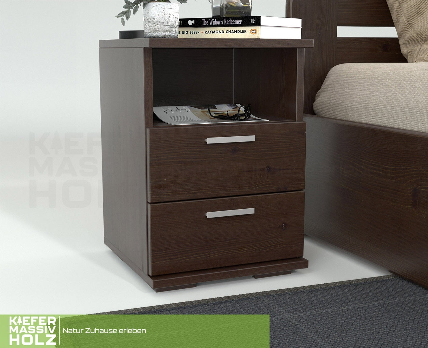 Nobis Kiefer Massivholz Nachttisch Nachtschrank | 2-Schubladen 1-Regal | 100% Bio Kiefer Kiefer Massivholz