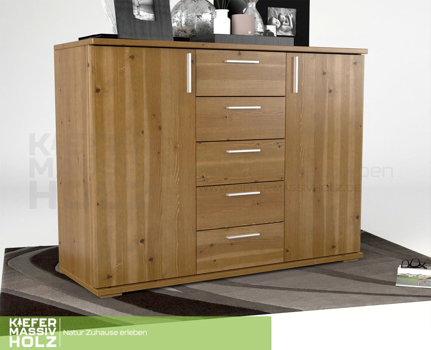 Nobis Kommode Sideboard 120-er | Anrichte | 5-Schubladen | 2-Türig | 100% Bio Kiefer Massivholz Kiefer Massivholz