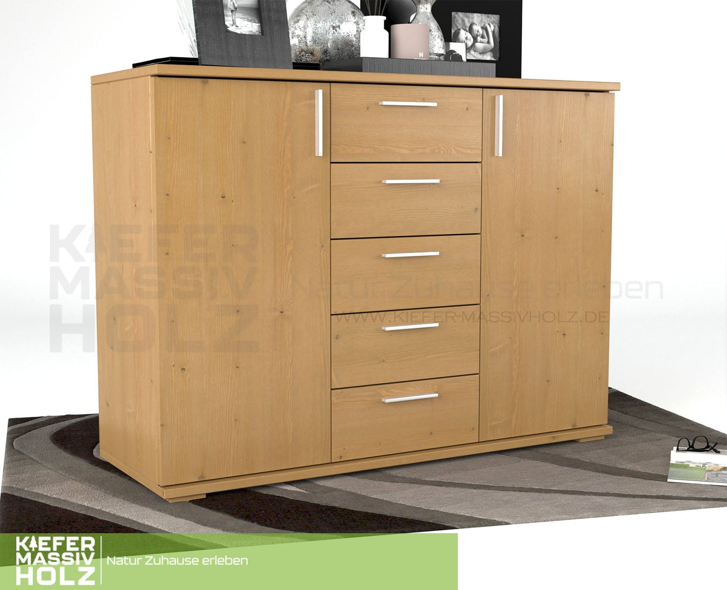Nobis Kommode Sideboard 120-er | Anrichte | 5-Schubladen | 2-Türig | 100% Bio Kiefer Massivholz Kiefer Massivholz