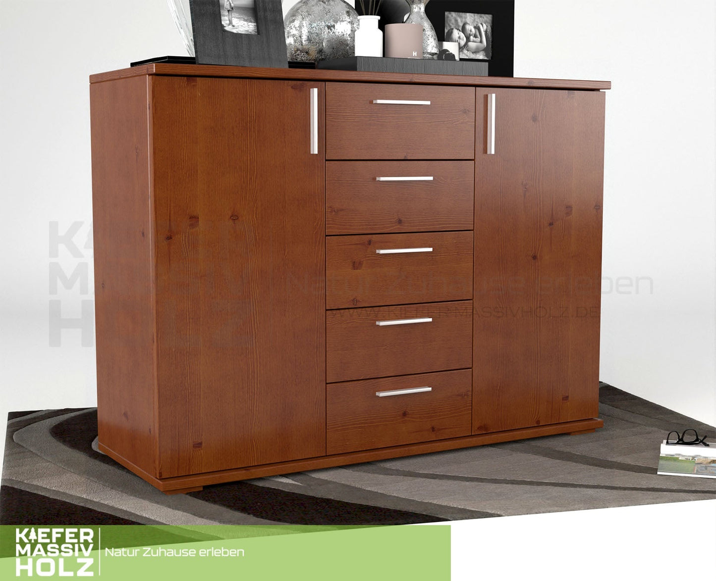 Nobis Kommode Sideboard 120-er | Anrichte | 5-Schubladen | 2-Türig | 100% Bio Kiefer Massivholz Kiefer Massivholz